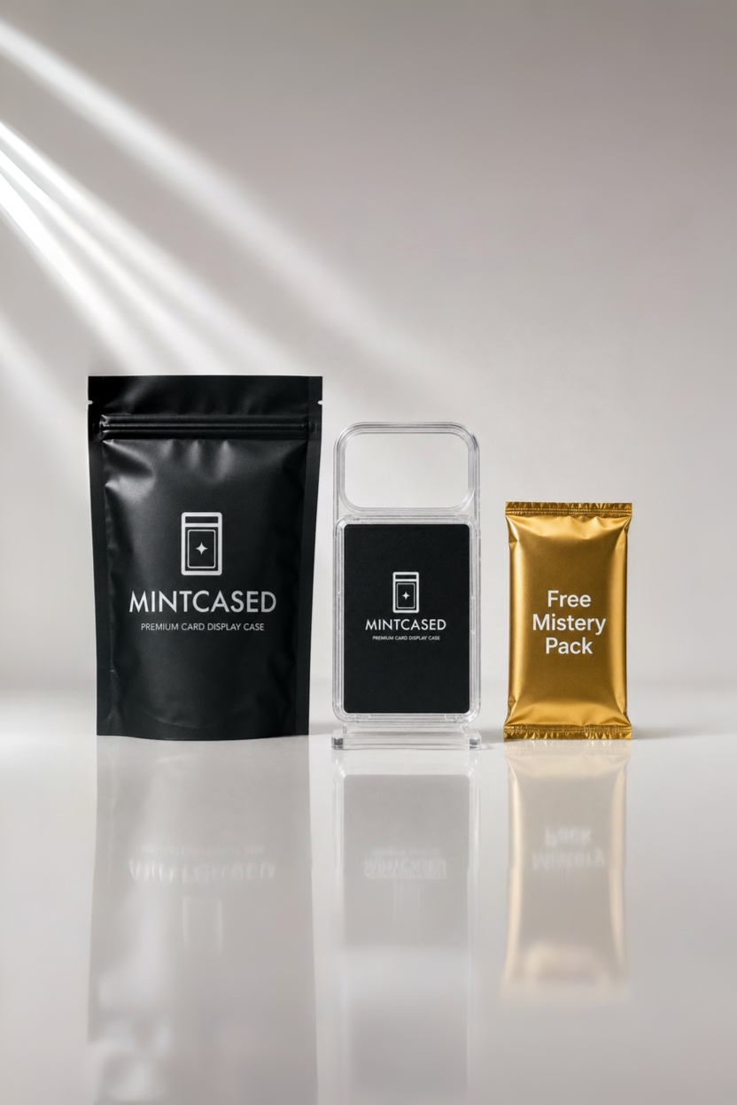 Mintcased packaging including a black pouch, clear container, and gold foil pack on a reflective surface.