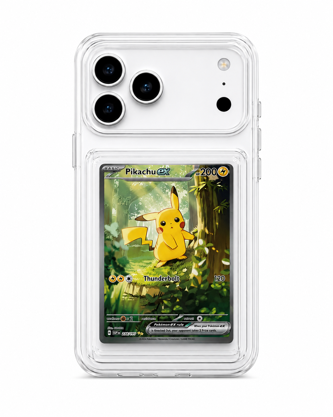 Clear iPhone case with Pikachu ex Pokémon card display by MINTCASED
