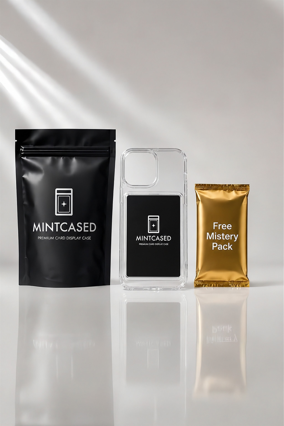 MINTCASED iPhone case packaging with free mystery trading card pack