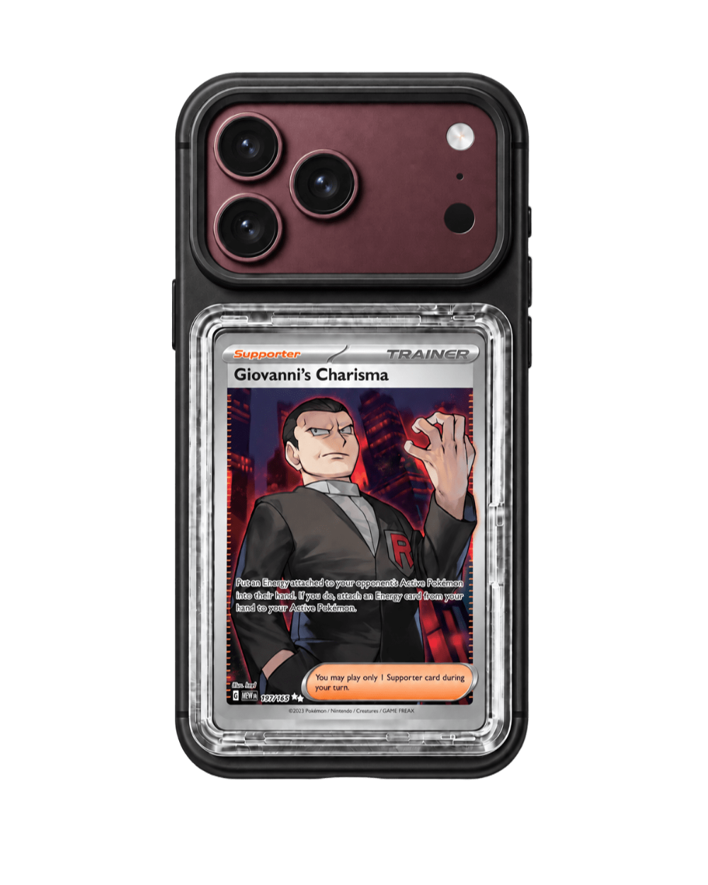 Collectible card displayed on the back of the MINTCASED iPhone 18 Pro Max case