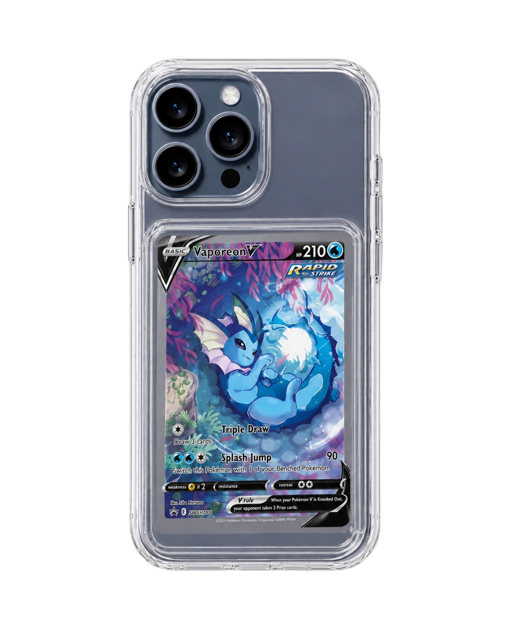 Clear iPhone case with Vaporeon Pokémon card display
