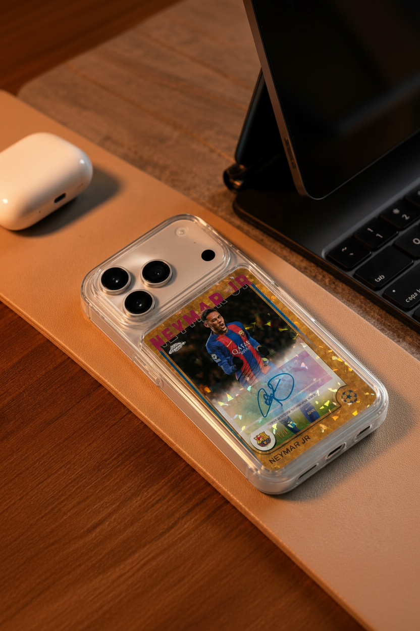 Phone case with a sports card design featuring a player in a blue and red jersey on a wooden desk.