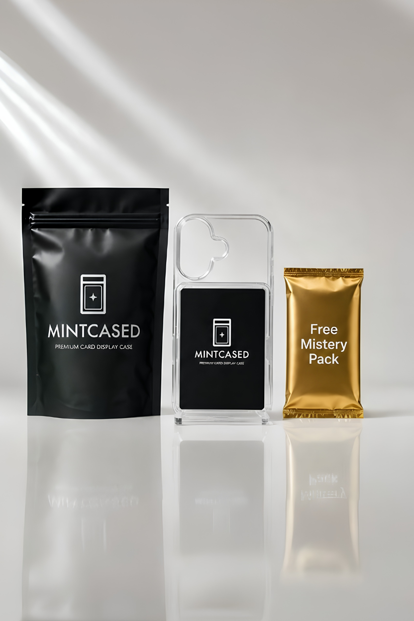 Mintcased packaging including a black pouch, clear phone case, and gold foil pack on a reflective surface.