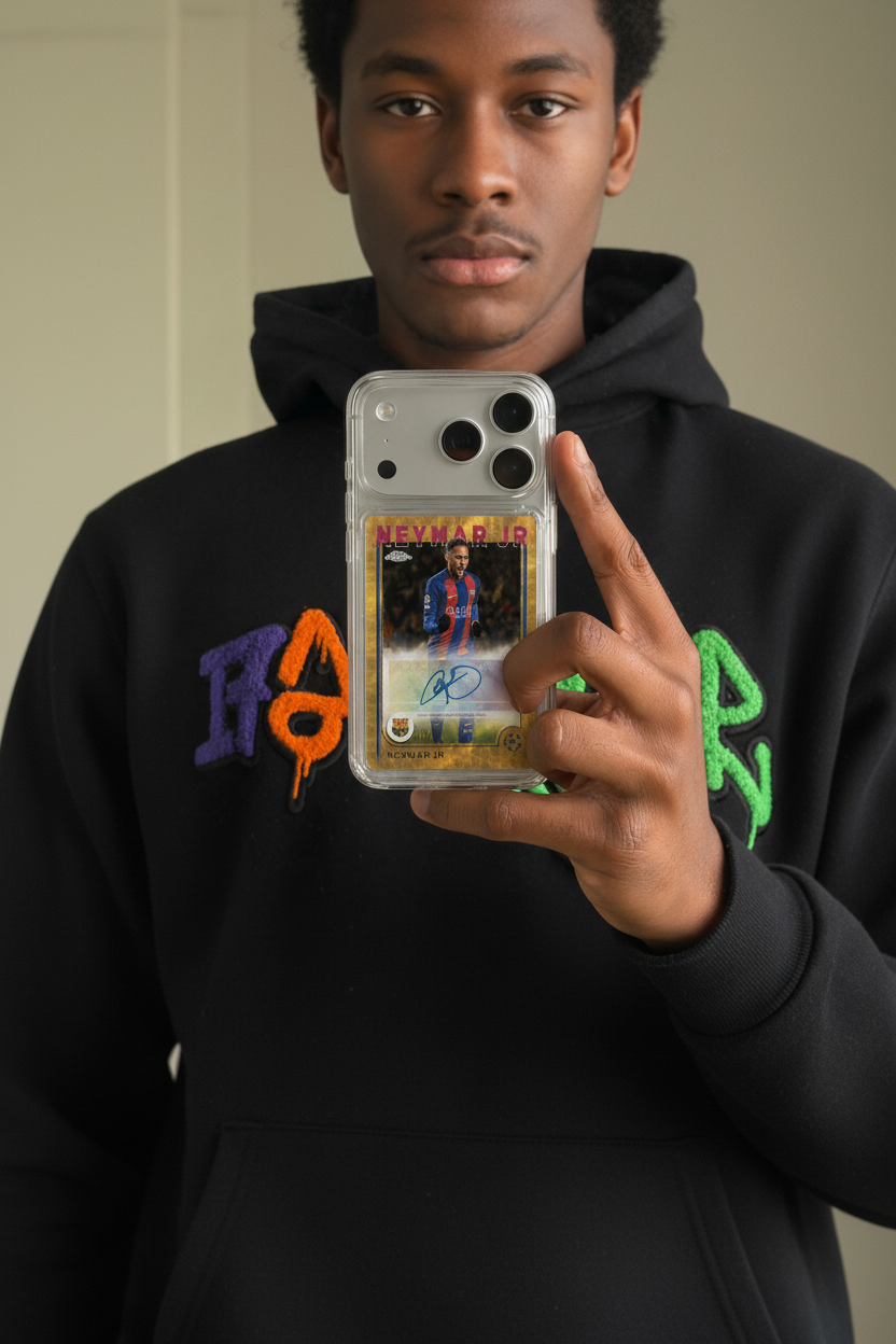 Phone case with a sports card featuring a player in a blue and red uniform, held by a person.