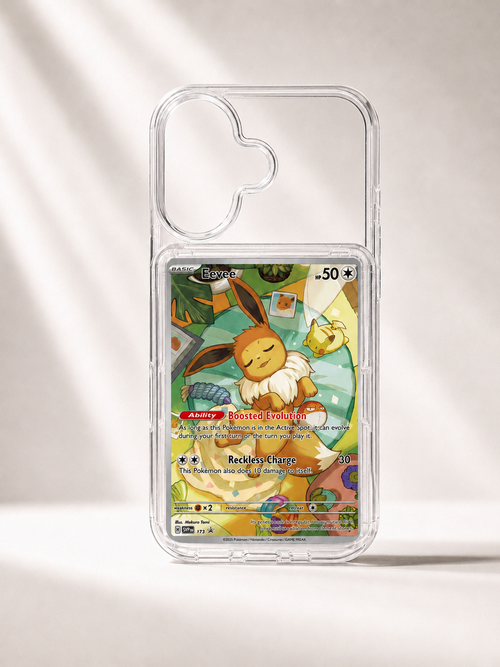 Phone case with a Pokémon trading card design on a light gray background