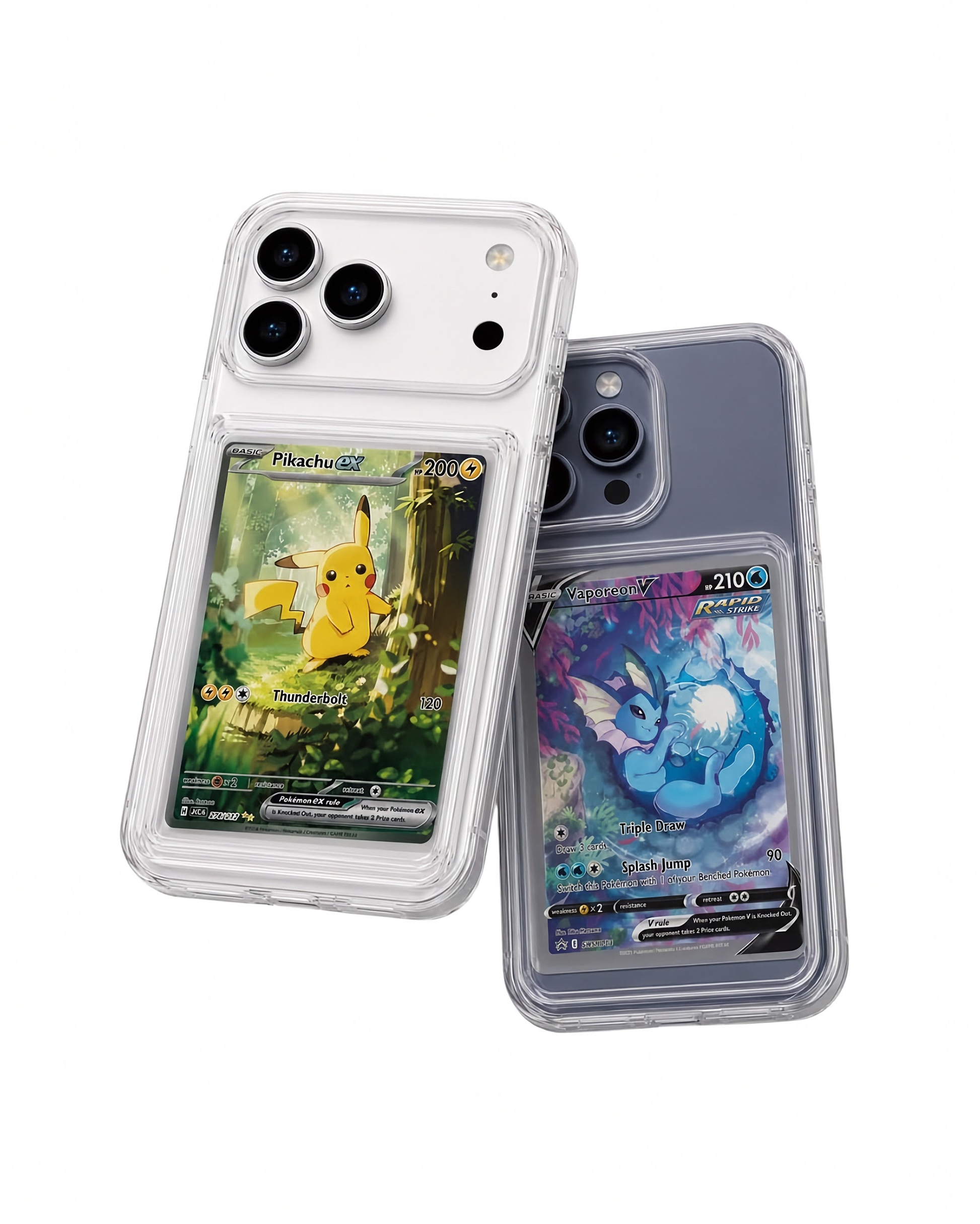 MINTCASED clear iPhone 15 and iPhone 17 cases with trading card display window.