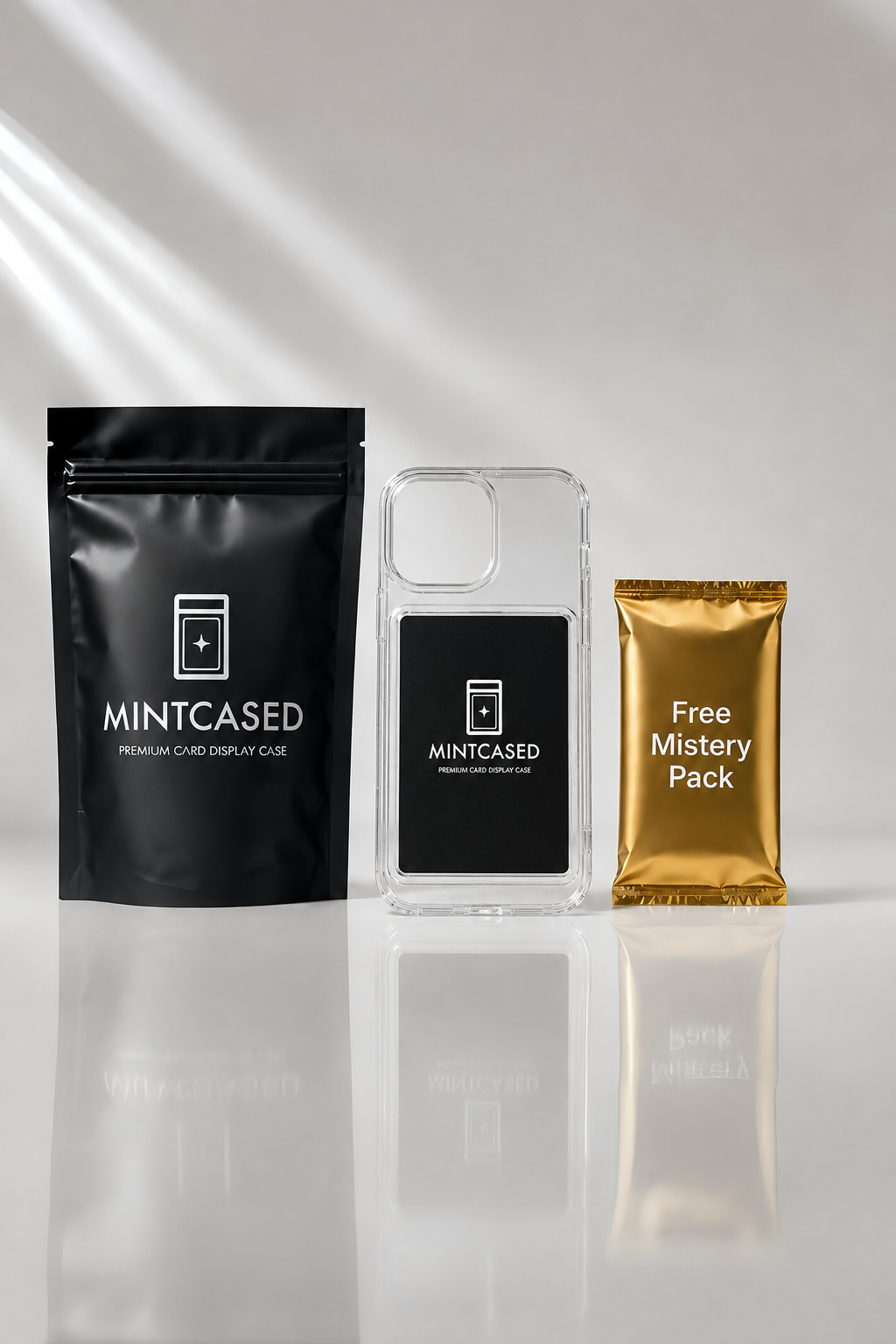 Mintcased phone case and packaging on a reflective surface with a white background