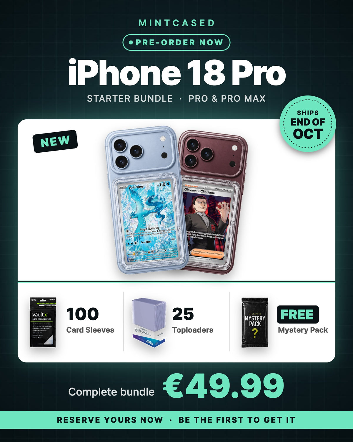 MINTCASED iPhone 18 Pro pre-order starter bundle for €49.99: case, 100 card sleeves, 25 toploaders and a free Mystery Pack, ships end of October