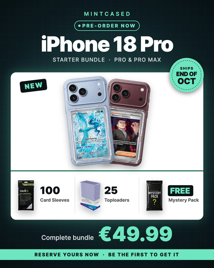 MINTCASED iPhone 18 Pro pre-order starter bundle for €49.99: case, 100 card sleeves, 25 toploaders and a free Mystery Pack, ships end of October