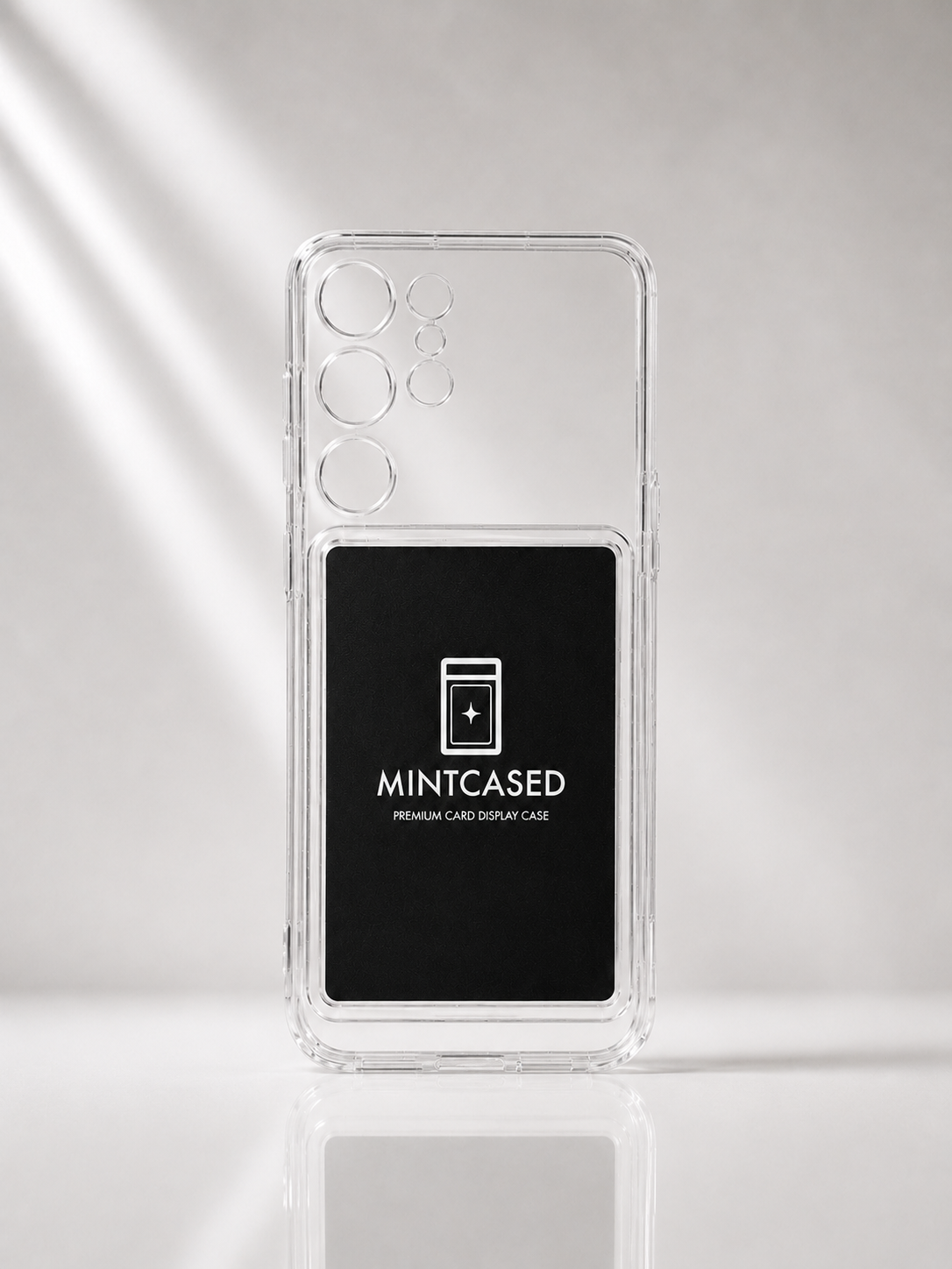 Clear phone case with 'Mintcased' branding on a light gray background